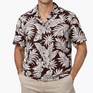 Campia Hawaiian Shirt Mens L 100% Rayon Brown Maroon Palm Leaf‎ Button Up